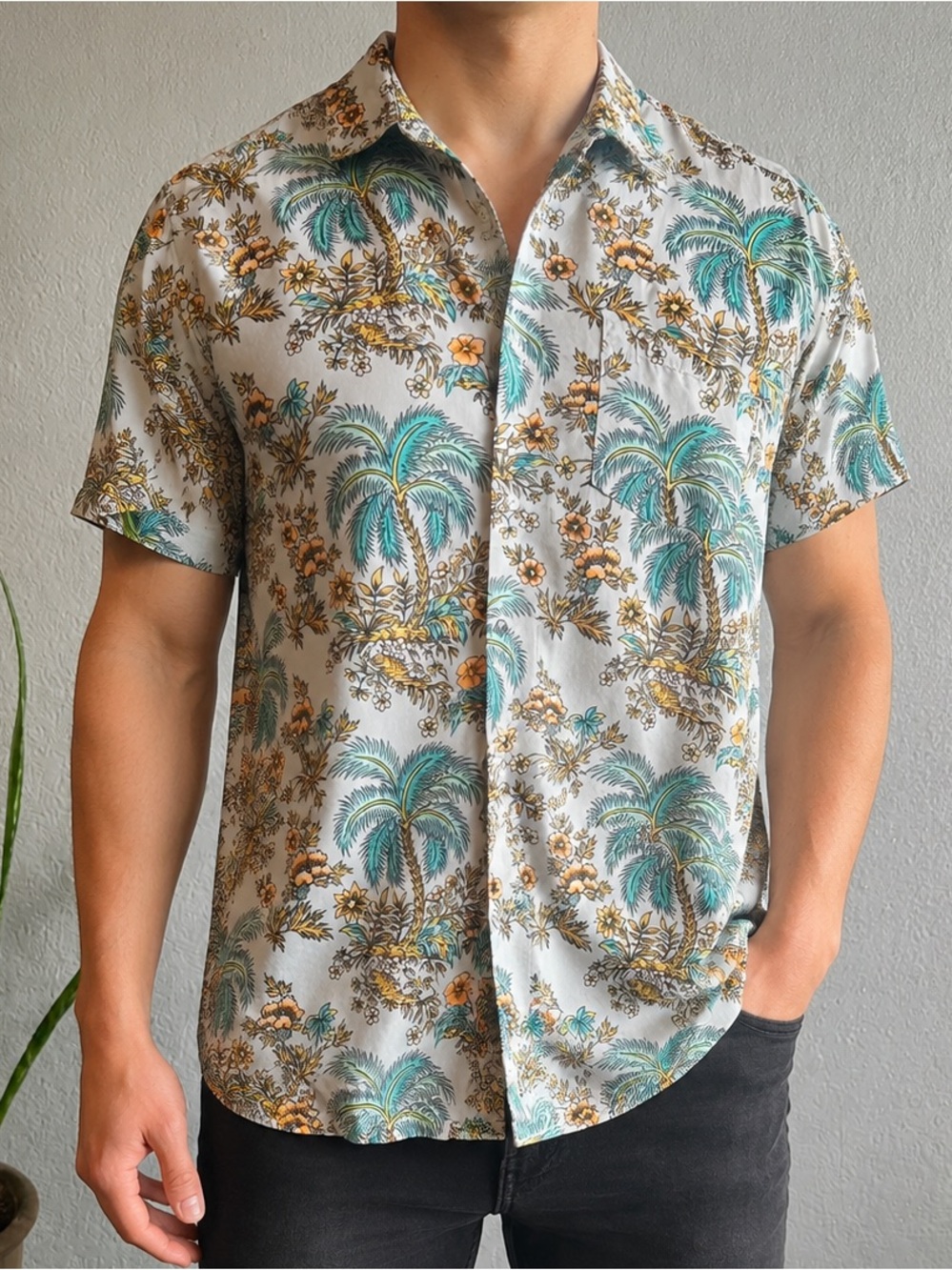 Hurley Short-Sleeve Tropical Palm Print Shirt - Teal, Gold & White